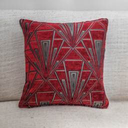 "Art Deco Cushion. Luxury Velvet Chenille. Silver & Red. 17""x17"