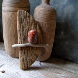 Owl Painted Rock On Driftwood, River Pebble Wall Hanging, Half Moon Natural Decor - thumbnail 2