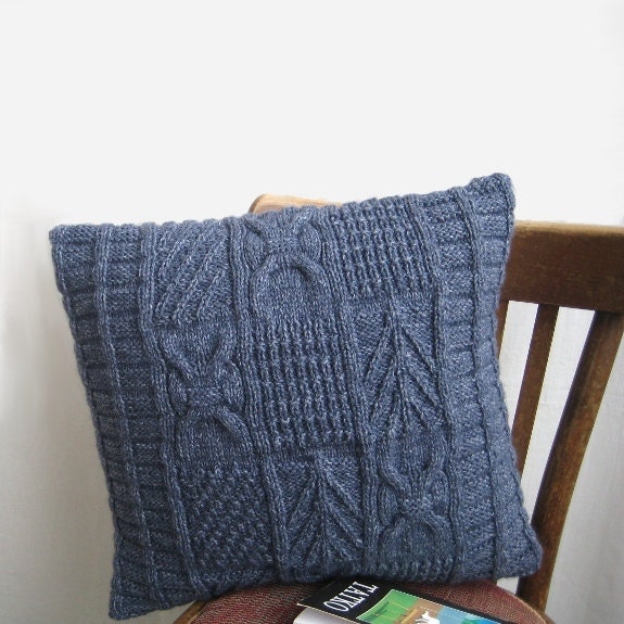 "Decorative Cable Pillow Navy Blue Wool Knitted Patchwork Home Living Classic Throw Organic Wool Country Rustic Christmas 18 " - image 1