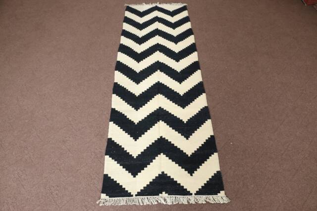 Black & White Zigzag Kilim Runner, Handmade Wool Custom Runner Rug 2x7, Chevron Style - image 1