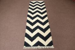 Black & White Zigzag Kilim Runner, Handmade Wool Custom Runner Rug 2x7, Chevron Style - thumbnail 1