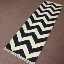Black & White Zigzag Kilim Runner, Handmade Wool Custom Runner Rug 2x7, Chevron Style - thumbnail 3