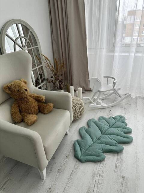 Sage Green Oak Leaf Baby Play Mat Organic Cotton Nursery Decor - image 1