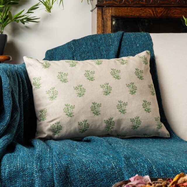 Posy Print Linen Look Boudoir Cushion Cover in Sage Green. Dainty Floral Green, Effect Background. 17x12 - image 1