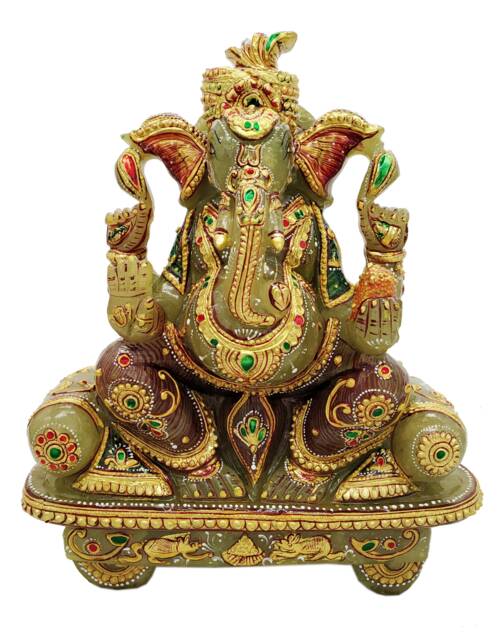 Jade Stone Ganesha Statue 9 Aventurine Gemstone Handmade Gold Foil Painting Gift - image 1