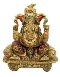 Jade Stone Ganesha Statue 9 Aventurine Gemstone Handmade Gold Foil Painting Gift - thumbnail 1