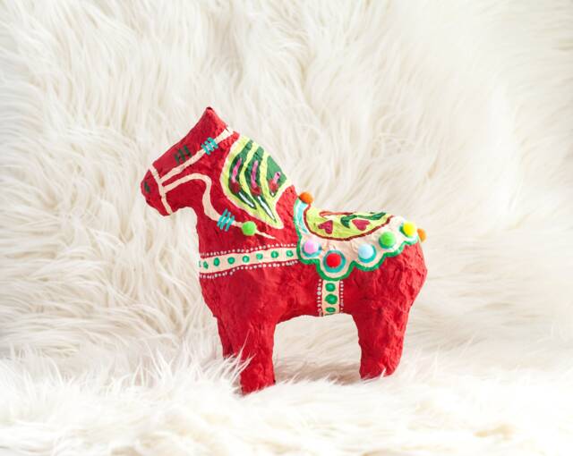 Handmade Red Dala Horse Sculpture Swedish Folk Art Paper Mache - image 1