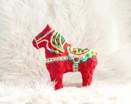 Handmade Red Dala Horse Sculpture Swedish Folk Art Paper Mache - thumbnail 1