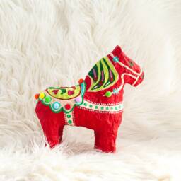 Handmade Red Dala Horse Sculpture Swedish Folk Art Paper Mache - thumbnail 2