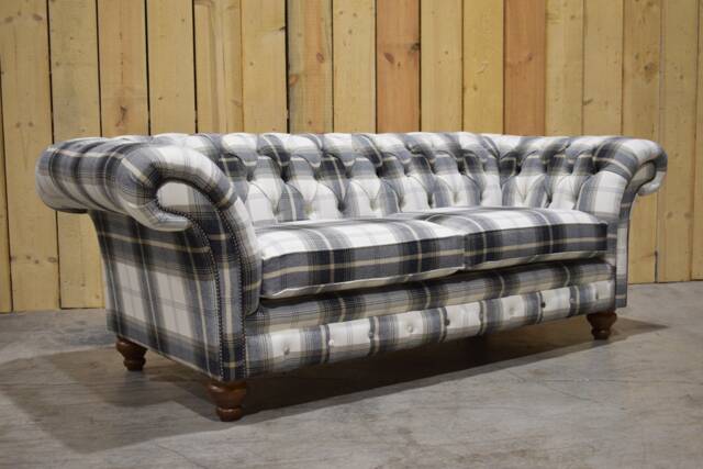 3 Seater Cream/Black Tartan Check Wool Chesterfield Sofa, British Handmade - image 1