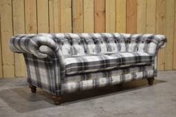 3 Seater Cream/Black Tartan Check Wool Chesterfield Sofa, British Handmade