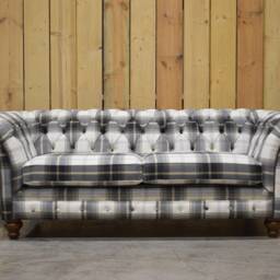 3 Seater Cream/Black Tartan Check Wool Chesterfield Sofa, British Handmade - thumbnail 2