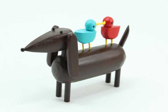 Doxie With Lovebirds - Wood Dachshund Figure Folk Art Animal Reclaimed Dog Sculpture Anniversary Gift I Love You - image 1