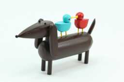 Doxie With Lovebirds - Wood Dachshund Figure Folk Art Animal Reclaimed Dog Sculpture Anniversary Gift I Love You - thumbnail 1