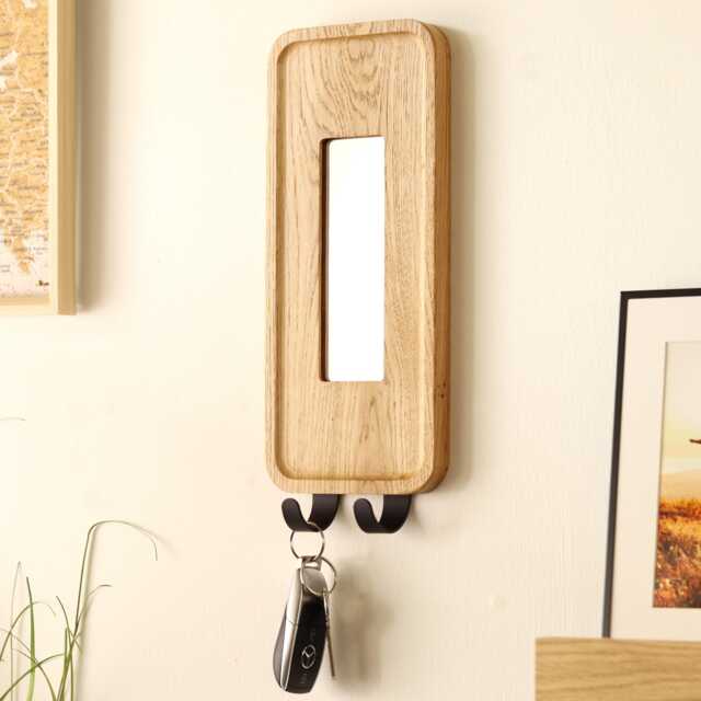 Solid Oak Wall Mirror With Key Hooks - Hallway Holder - image 1