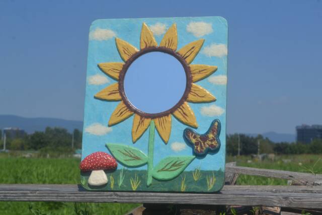 Sunflower Wall Mirror W. Mushroom & Butterfly, Decorative Mirror, Sunflower Wall Art, Papier-Mache Hippy Decor, Boho Furniture - image 1