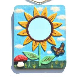 Sunflower Wall Mirror W. Mushroom & Butterfly, Decorative Mirror, Sunflower Wall Art, Papier-Mache Hippy Decor, Boho Furniture - thumbnail 3