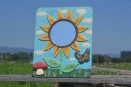 Sunflower Wall Mirror W. Mushroom & Butterfly, Decorative Mirror, Sunflower Wall Art, Papier-Mache Hippy Decor, Boho Furniture