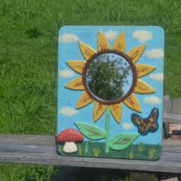 Sunflower Wall Mirror W. Mushroom & Butterfly, Decorative Mirror, Sunflower Wall Art, Papier-Mache Hippy Decor, Boho Furniture - thumbnail 2