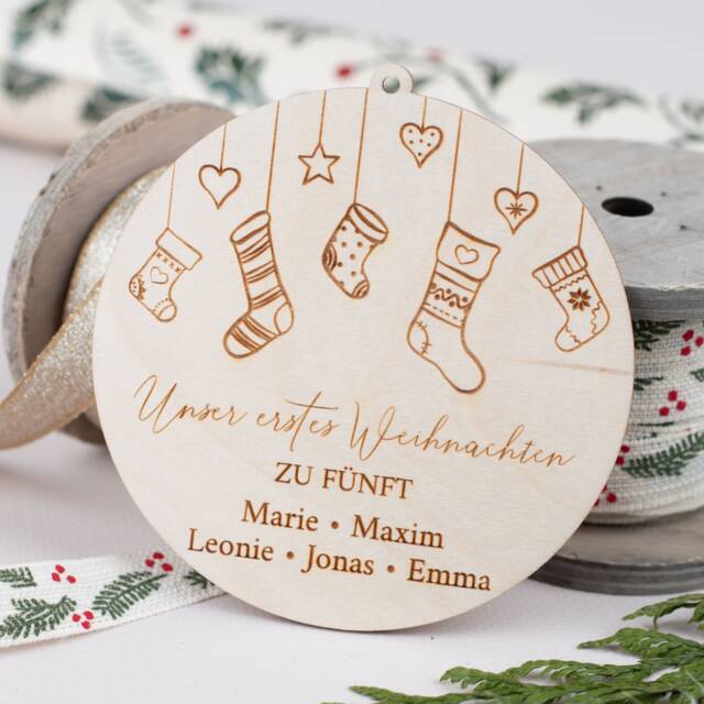 Personalized Wooden Pendants, Our First Christmas With 5, Tree Pendants Names, Family Bauble Made Of Wood - image 1