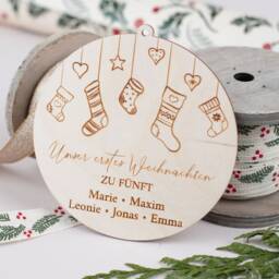 Personalized Wooden Pendants, Our First Christmas With 5, Tree Pendants Names, Family Bauble Made Of Wood - thumbnail 3