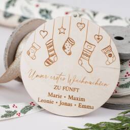 Personalized Wooden Pendants, Our First Christmas With 5, Tree Pendants Names, Family Bauble Made Of Wood - thumbnail 2