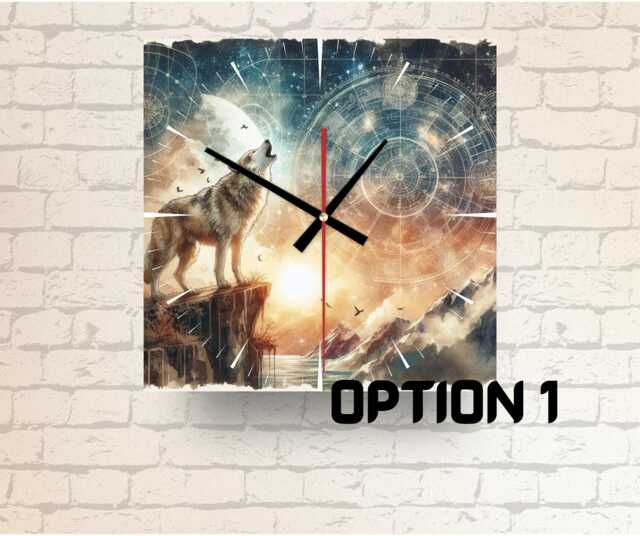 Howling Wolf Glass Wall Clock Celestial Mountain Scene, Nature Decor - image 1