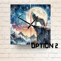 Howling Wolf Glass Wall Clock Celestial Mountain Scene, Nature Decor - thumbnail 2