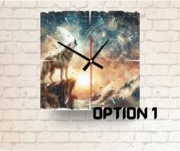 Howling Wolf Glass Wall Clock Celestial Mountain Scene, Nature Decor