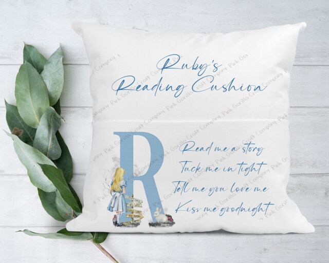 Personalised Cushion, Pocket Child Pillow, Book Holder, Pillow For Child, Sleep Aid, Princess Alice in Wonderland Gift - image 1