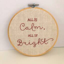 All If Calm, Is Bright - Silent Night Hand Embroidered Hoop Christmas Wall Art Hanging Decoration Natural Linen & Red - thumbnail 3
