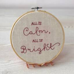 All If Calm, Is Bright - Silent Night Hand Embroidered Hoop Christmas Wall Art Hanging Decoration Natural Linen & Red - thumbnail 1