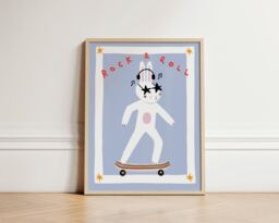 Skateboard Bunny Print, Nursery Bedroom Art, Eclectic Animal Illustration Decor, Wall Boho Nursery, Kids Room, Unframed - thumbnail 1