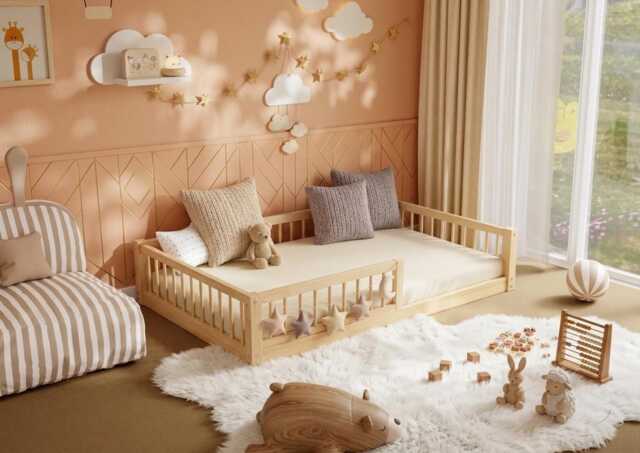 Montessori Floor Toddler Bed With Safety Rails - Knot-Free Pine Wood Low Profile Independent Sleeping - image 1