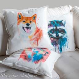 Shiba Inu Throw Pillow Cover By Slaveika Aladjova, Cushion Cover, Decorative Pillow Cover, Animal Art, Watercolor Pillow - thumbnail 2