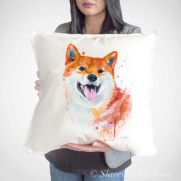 Shiba Inu Throw Pillow Cover By Slaveika Aladjova, Cushion Cover, Decorative Pillow Cover, Animal Art, Watercolor Pillow - thumbnail 1