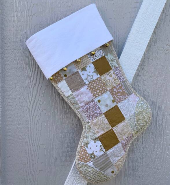 Quilted Christmas Stocking, Gold & Beige Scrappy Patchwork, Free Personalization, Large Size, Fully Lined, Flannel Cuff With Jingle Bells - image 1