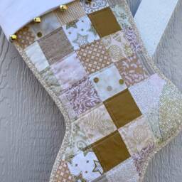 Quilted Christmas Stocking, Gold & Beige Scrappy Patchwork, Free Personalization, Large Size, Fully Lined, Flannel Cuff With Jingle Bells - thumbnail 2