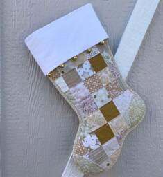 Quilted Christmas Stocking, Gold & Beige Scrappy Patchwork, Free Personalization, Large Size, Fully Lined, Flannel Cuff With Jingle Bells