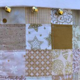 Quilted Christmas Stocking, Gold & Beige Scrappy Patchwork, Free Personalization, Large Size, Fully Lined, Flannel Cuff With Jingle Bells - thumbnail 3