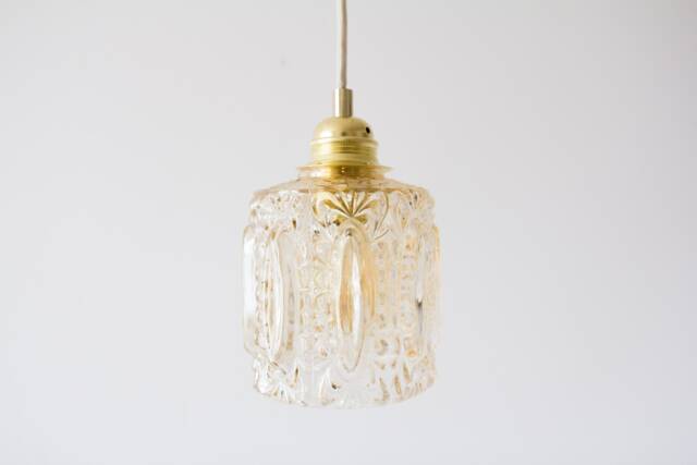 Small Vintage Pendant Lamp Mid Century Modern Hanging Light 60S Ceiling Fixture Rewired Retro Glass Lampshade Amber Brass - image 1