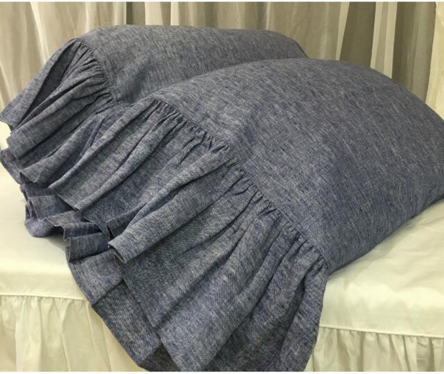 A Pair Of Chambray Denim Pillow Cases With Mermaid Long Ruffles, Bedding Ruffles - image 1