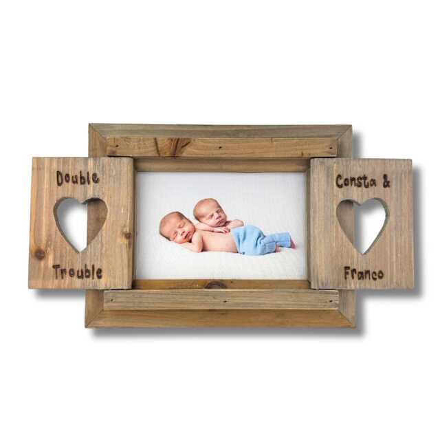 Double Trouble - Brother Sister Twins Siblings Multiples Friends Baby Christening Personalised Driftwood Heart Shutter Photo Frame 6x4 - image 1