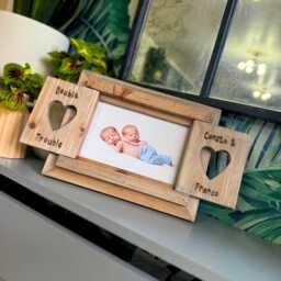 Double Trouble - Brother Sister Twins Siblings Multiples Friends Baby Christening Personalised Driftwood Heart Shutter Photo Frame 6x4 - thumbnail 2