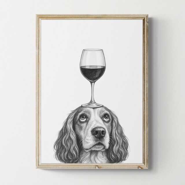 Springer Spaniel Dog Art Print, Funny & Wine Drawing, Lover Wall Decor, Lovers Gifts - image 1