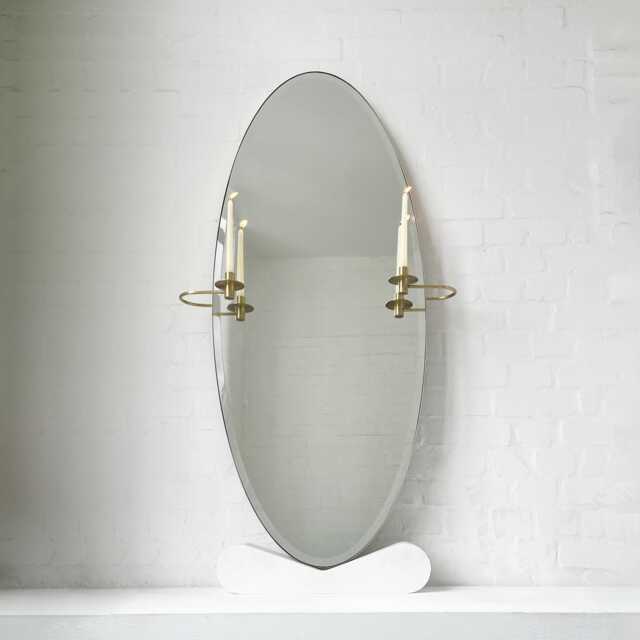 Oval Shaped Bevelled Mirror With Decorative Candleholders & Brushed Brass Frame - image 1