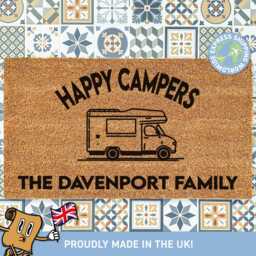 Happy Campers Doormat, Welcome Mat With Camping Names, Custom Coir Welcome, Mat, Gift For Him, Personalised Theme - thumbnail 1