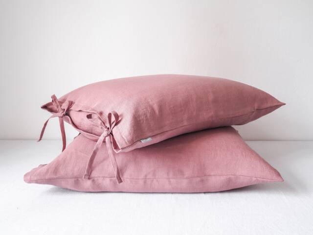 Pink Linen Pillowcase - Soft Stonewashed Natural Cover Tied With A Bow - image 1