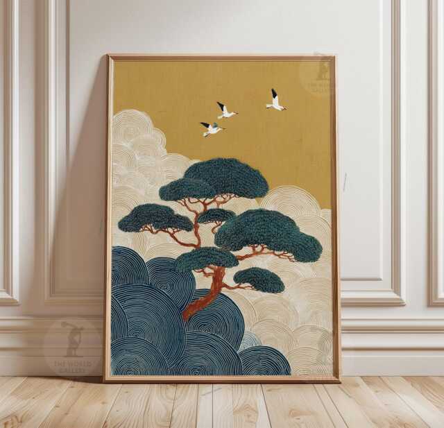 Mustard Japanese Tree Poster Print - Teal Wave Landscape Wall Art Asian Nature Illustration - image 1
