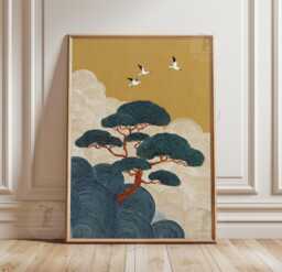 Mustard Japanese Tree Poster Print - Teal Wave Landscape Wall Art Asian Nature Illustration - thumbnail 1